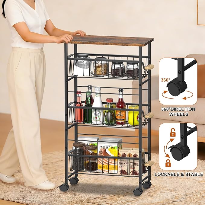 4-Tier Slim Rolling Cart with Pull-Out Baskets & Wooden Top — Narrow Mobile - Image 4