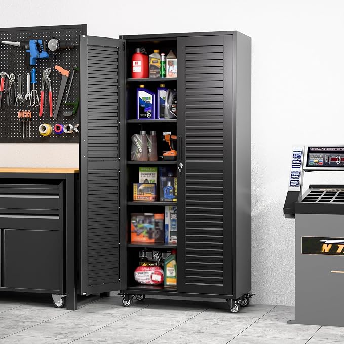 Garage Storage Cabinet with Wheels & Pegboard, Lockable Metal Storage Cabinet - Image 2