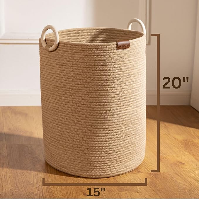 Jute Large Woven Laundry Basket Hamper, 60L Cotton Rope Storage Bin - Image 3