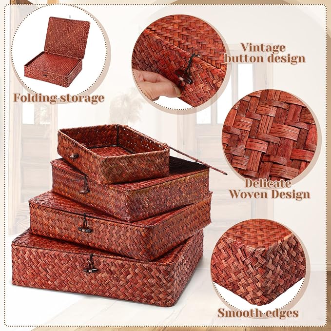 Set of 4 Seagrass Basket with Lid Wicker Storage Basket Decorative Storage - Image 3