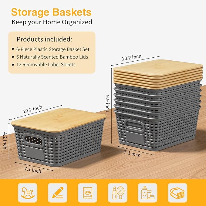 Plastic Storage Baskets with Bamboo Lids and Labels, Stackable Storage - Image 3
