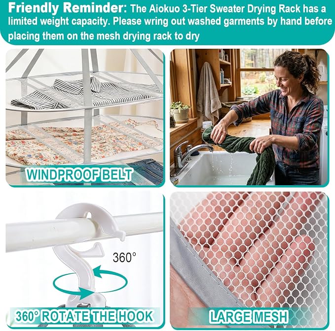 3-Tier Folding Mesh Clothes Drying Rack, Hanging Sweater Dryer - Image 2