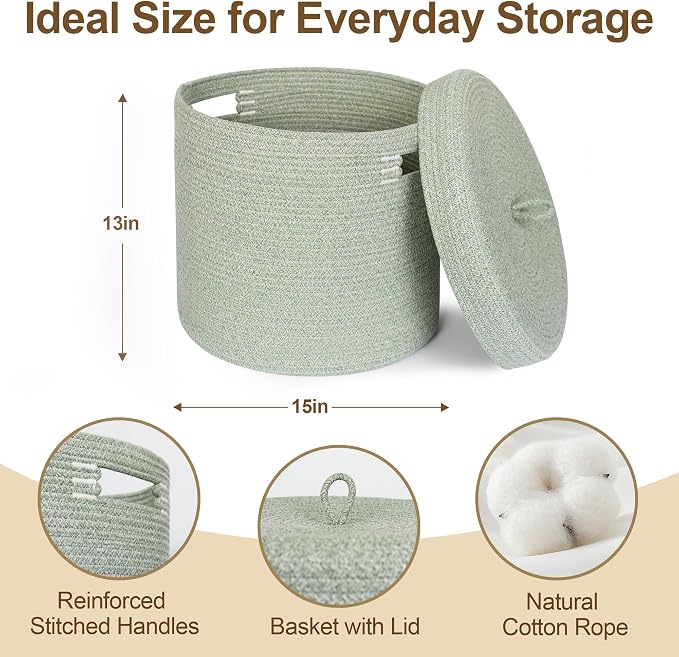 Storage Basket with Lid, Woven Blanket Storage - Image 2