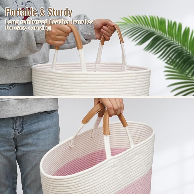 60L Striped Laundry Basket, Woven Cotton Rope Storage Bin - Image 5