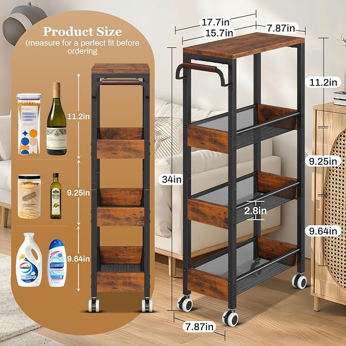 4 Tier Slim Rolling Cart with Wheels - Image 2