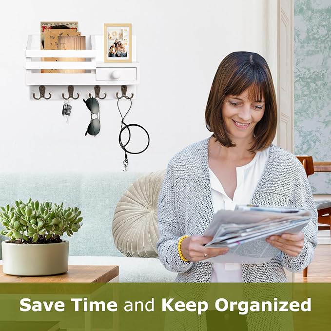 Key Holder Wall Mount, Wooden Adhesive Mail and Key Organizer - Image 2