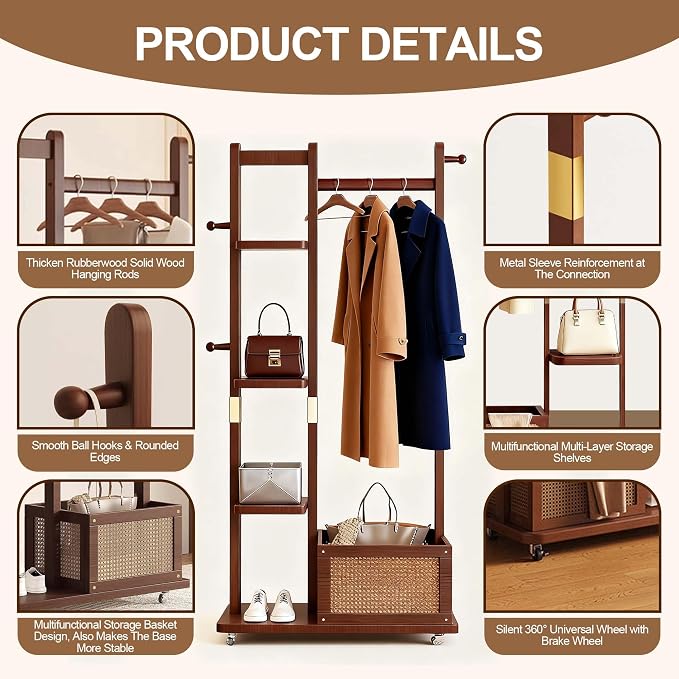 Solid Wood Clothes Rack with Wheels, Freestanding Coat Rack with 4 Shelves - Image 3