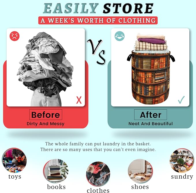 Retro Wooden Bookshelf Pattern Laundry Hamper Books Laundry Basket - Image 3