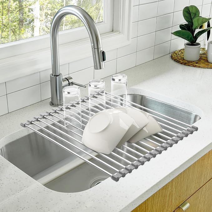 Zulay Kitchen Over The Sink Dish Drying Rack, Roll Up Heavy Duty Stainless - Image 5