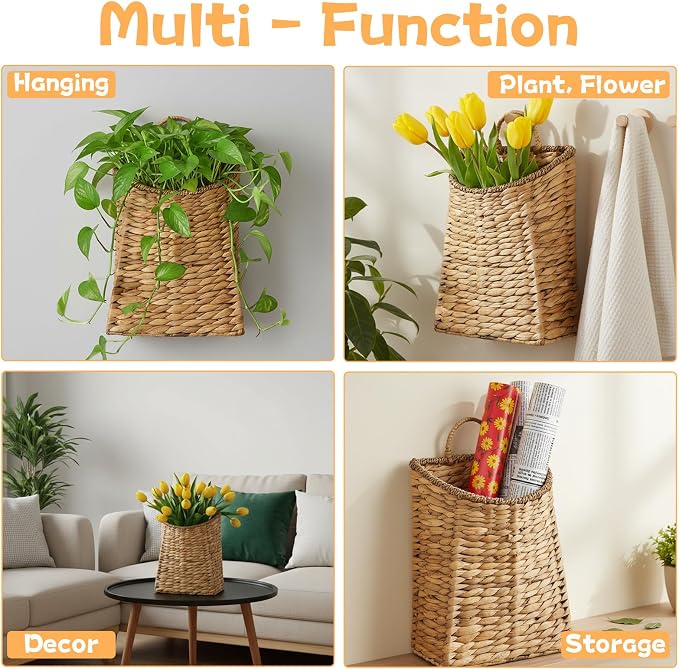 Woven Hanging Basket Water Hyacinth Hanging Wall Basket Portable Wicker - Image 6