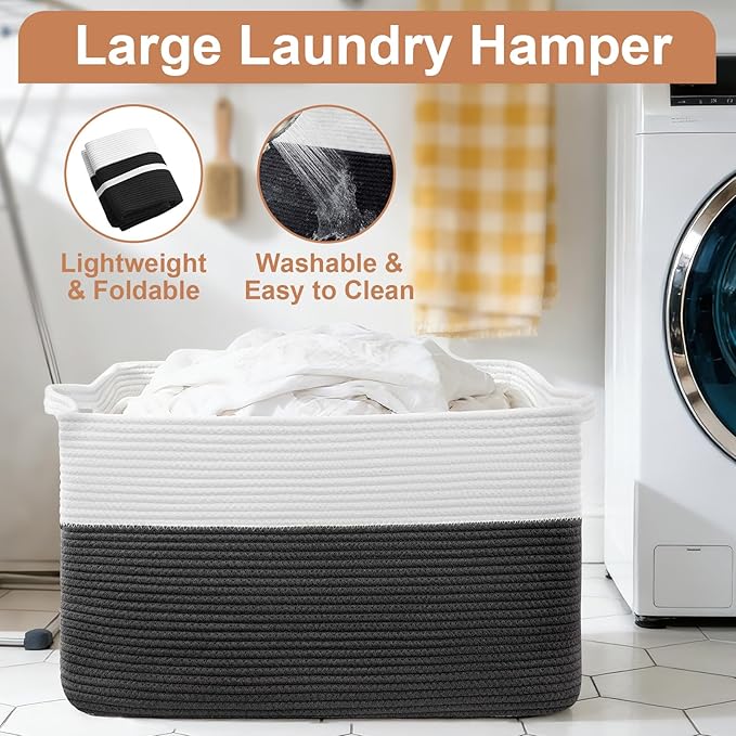 75L Large Blanket Basket, Rectangular Cotton Rope Basket, Laundry Hamper - Image 5