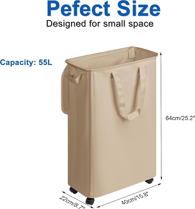 Slim Laundry Hamper with Lid and Wheels, Small Rolling Laundry Basket with - Image 2