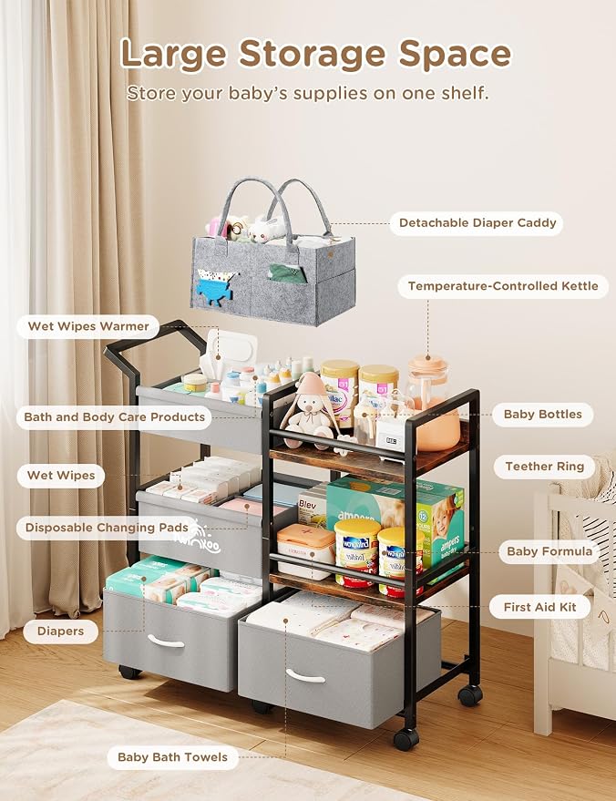 2-in-1 Baby Diaper Caddy Organizer, 3 Tier Rolling Storage Cart - Image 2