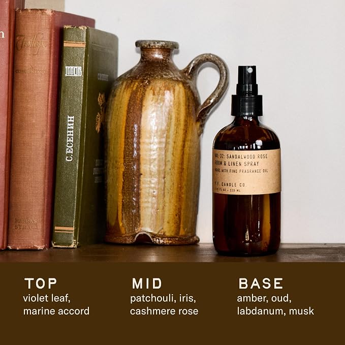 P.F. Candle Co. Sandalwood Rose Scented Room & Linen Spray Amber Glass Bottle - Image 2