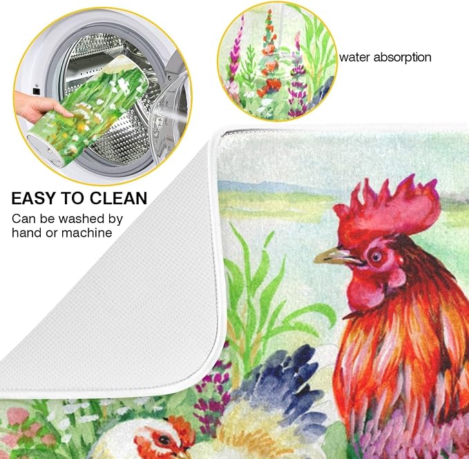 Rural Grass Chicken Rooster Easter Absorbent Dish Drying Mat Microfiber Kitchen - Image 5
