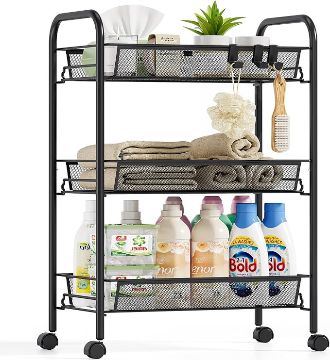 Metal Rolling Utility Cart, 3-Tier Mesh Wire Storage Trolley by SYKIARIOL