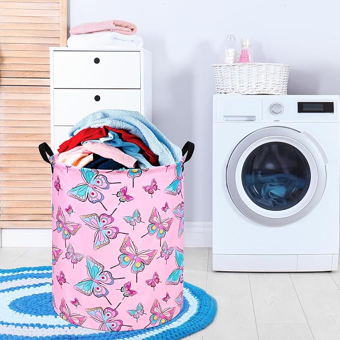 Round Pink Butterfly Laundry Basket Storage Bins Nursery Hamper Gift Baskets - Image 7