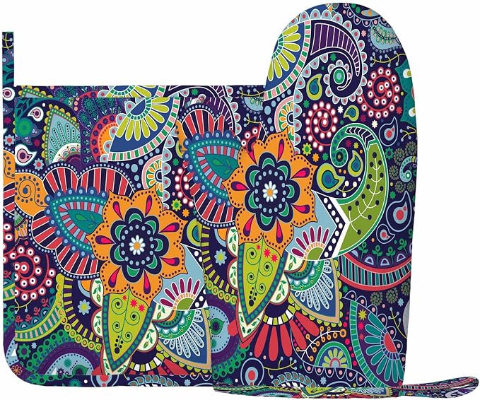 Mxocom Paisley Stylized Flowers Oven Mitts and Pot Holders Sets Mandala Boho - Image 2