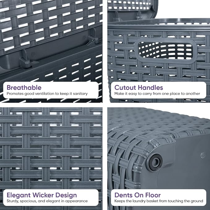 Plastic Laundry Hamper with Lid 2 Pack Laundry Hamper Basket, Wicker Design 60 - Image 6