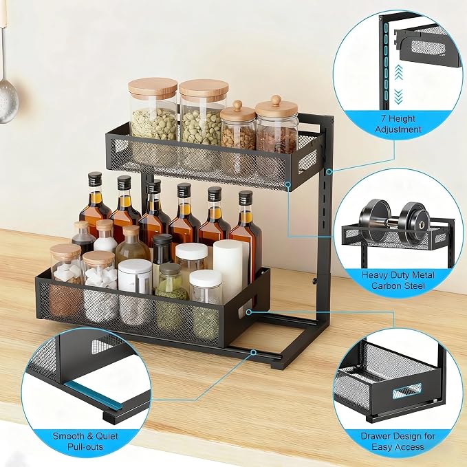 Under Sink Organizer, Adjustable Height 2 Tier Under Sink Organizers and - Image 2
