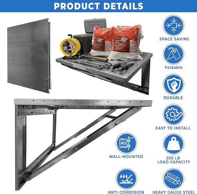 26” x 32” Heavy Gauge Steel Wall Mounted Folding Workbench “Lock N Load” - Image 2