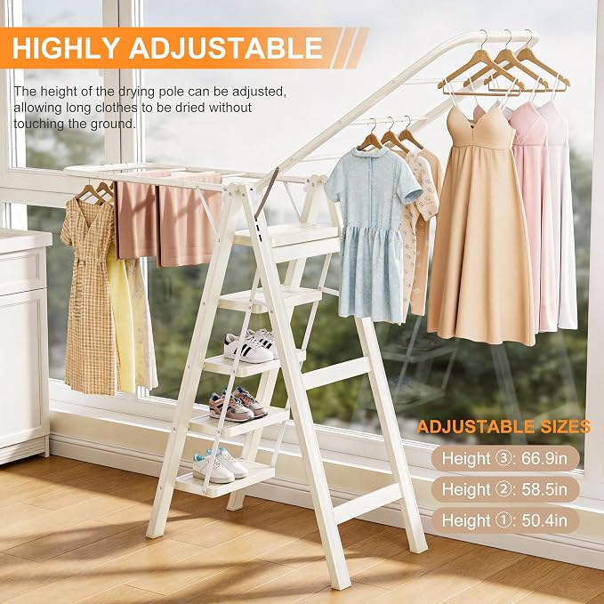 Floor Standing Clothes Drying Rack, 5 Step Folding Ladder, 3-in-1 Collapsible - Image 4