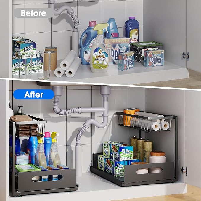 2 Pack Under Sink Organizer, 2 Tier Pull-Out Cabinet Storage Shelf, - Image 3