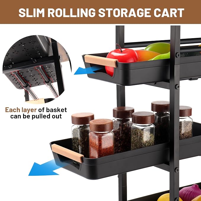Slim Storage Cart, 5-Tier Narrow Rolling Kitchen Laundry Room Cart - Image 2