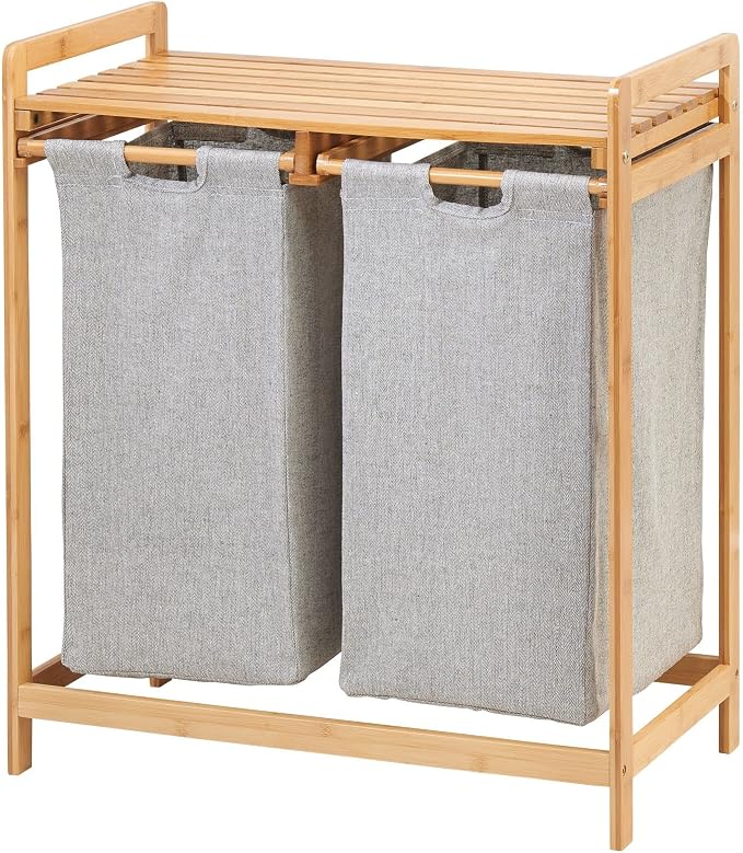 mDesign Freestanding Bamboo 2 Section Double Laundry Organizer Hamper - Image 9