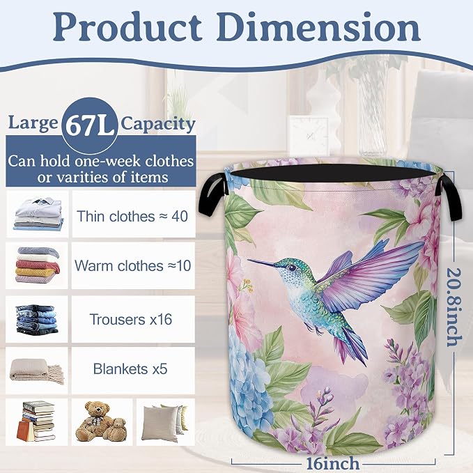 Hummingbird Laundry Basket, Foldable Oxford Cloth Pink Flower Laundry Hamper - Image 2