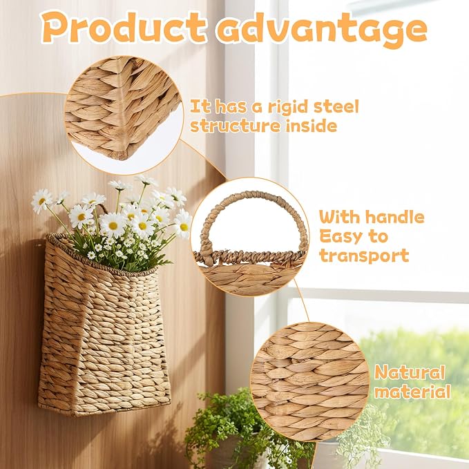 Woven Hanging Basket Water Hyacinth Hanging Wall Basket Portable Wicker - Image 3