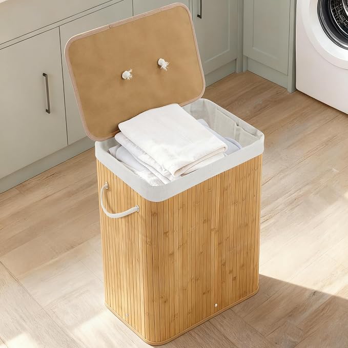 Large Laundry Hamper with Lid, 72l & 104l Capacity, Foldable Bamboo Frame with - Image 3
