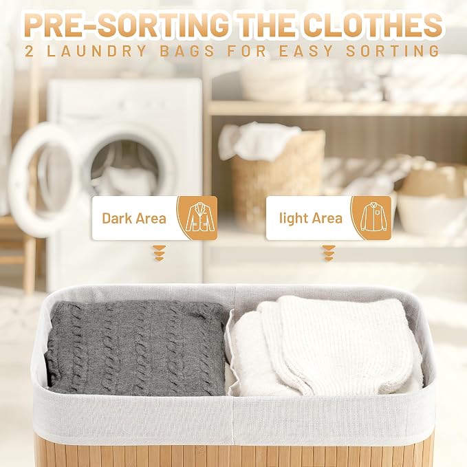 100L Laundry Hamper with lid, 2-Section Clothes Laundry Basket with Handles - Image 3