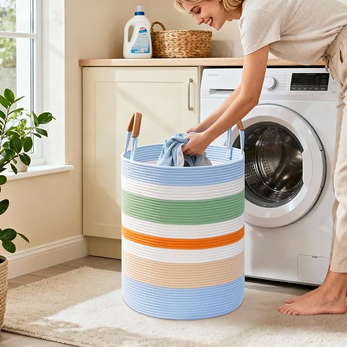 60L Striped Laundry Basket, Rainbow Laundry Hamper - Image 2
