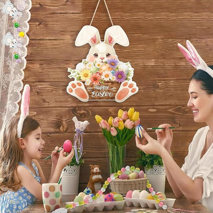 Ausril Easter Wood Sign, Happy Easter Door Decor, Bunny Egg Hanging Wall Sign - Image 4