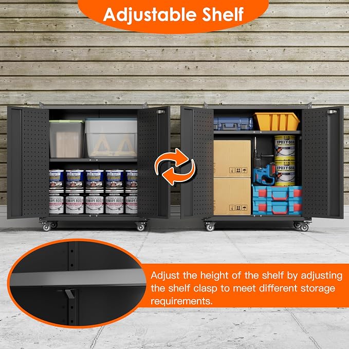 Garage Storage Cabinet with Wheels & Pegboard, 31.5" H Locking Metal Tool - Image 3