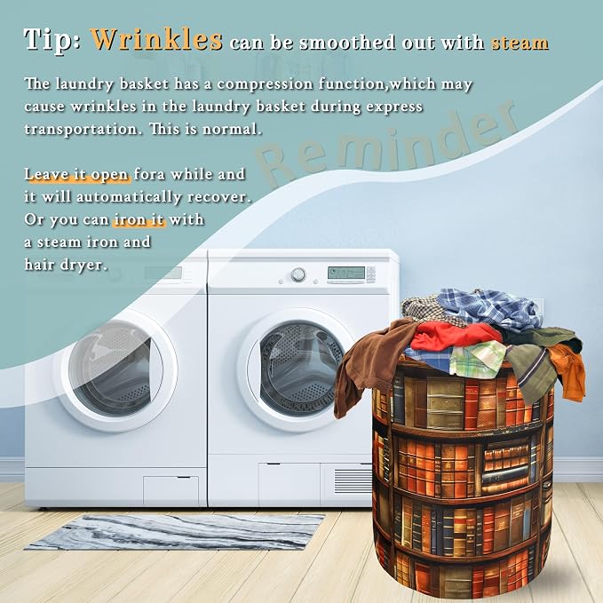 Retro Wooden Bookshelf Pattern Laundry Hamper Books Laundry Basket - Image 6