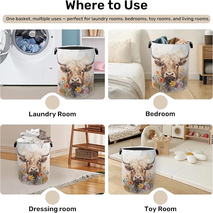 Highland Cow Summer Flowers Large Clothes Hamper Bag - Image 4