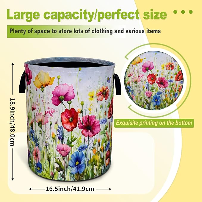 Colorful Flowers Laundry Basket Boho Floral Print Foldable Waterproof Oxford - Image 4