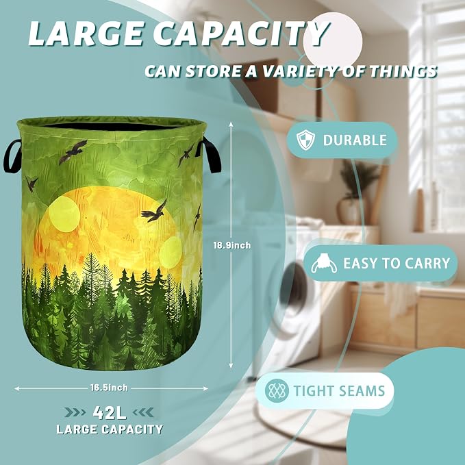 Watercolor Sunset Laundry Basket Foldable Forest Laundry Hamper Oxford Cloth - Image 2