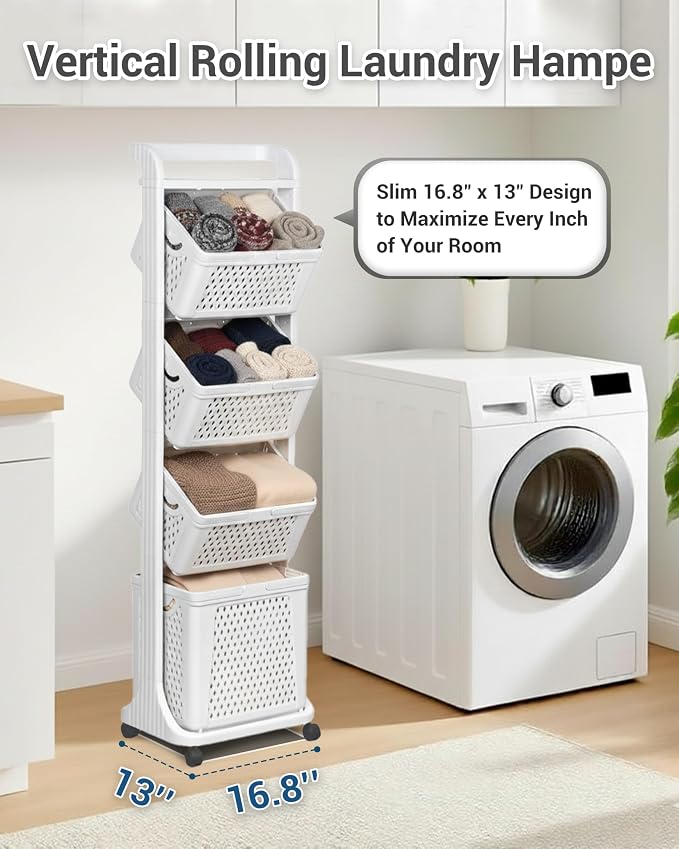 4 Tier Laundry Basket Organizer, 92L Vertical Laundry Hamper, Removable Rolling - Image 3