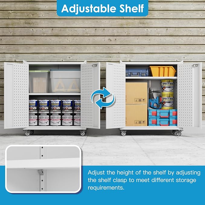Garage Storage Cabinet with Wheels & Pegboard, Locking Metal Storage Cabinet - Image 4