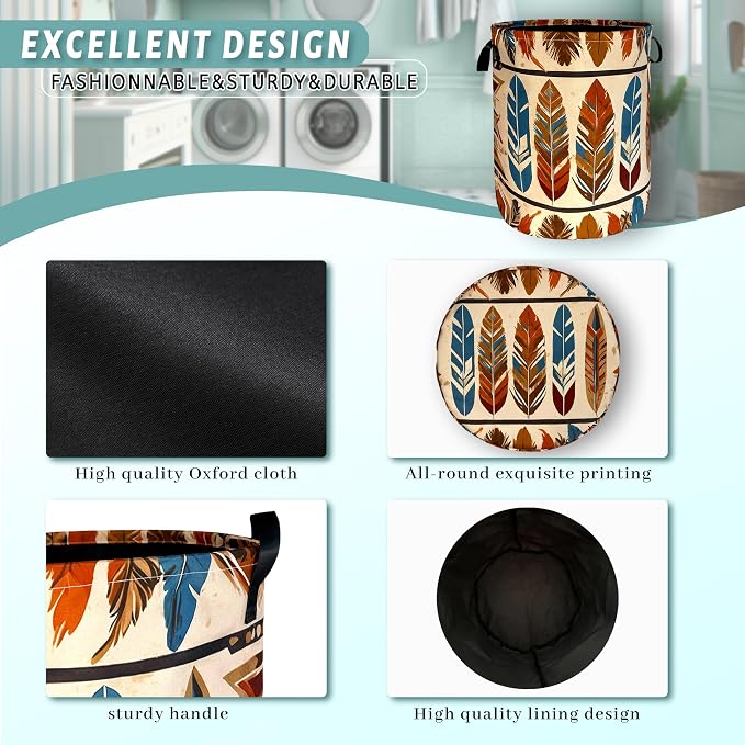 Boho Feather Print Laundry Basket Western Funny Laundry Hamper Foldable Oxford - Image 5