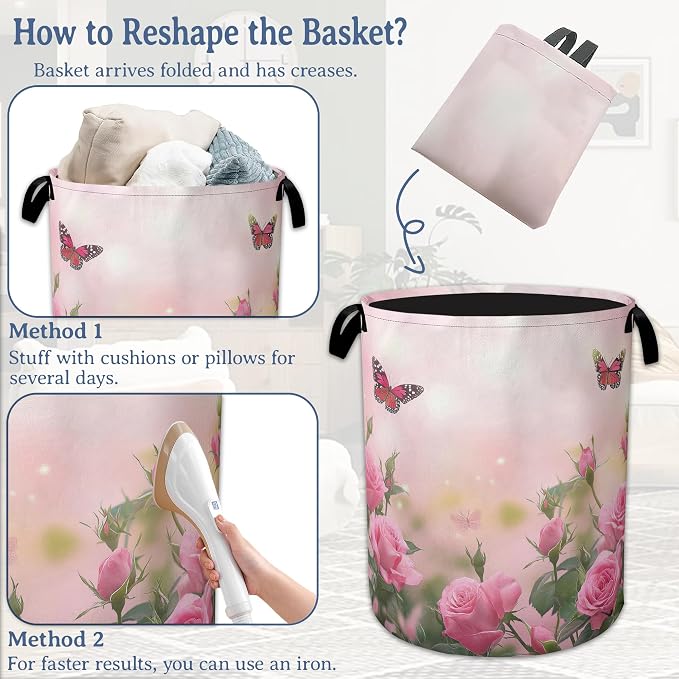 Butterfly Laundry Basket, Oxford Cloth Pink Rose Laundry Hamper - Image 6