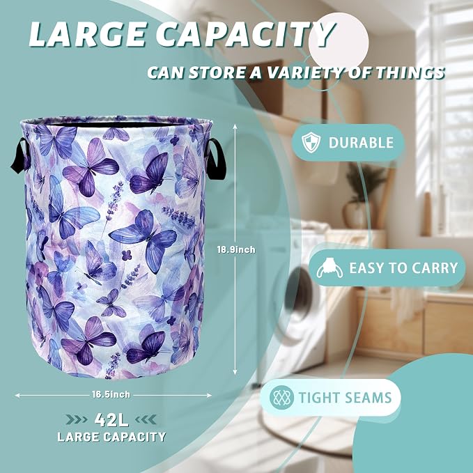 Blue Purple Butterfly Laundry Basket Foldable - Image 2