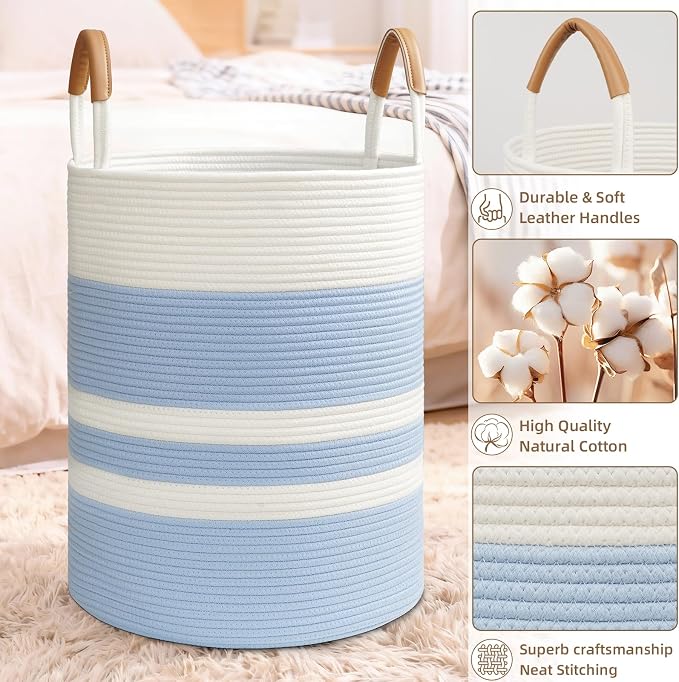 60L Striped Laundry Basket, Woven Cotton Rope Storage Bin - Image 6