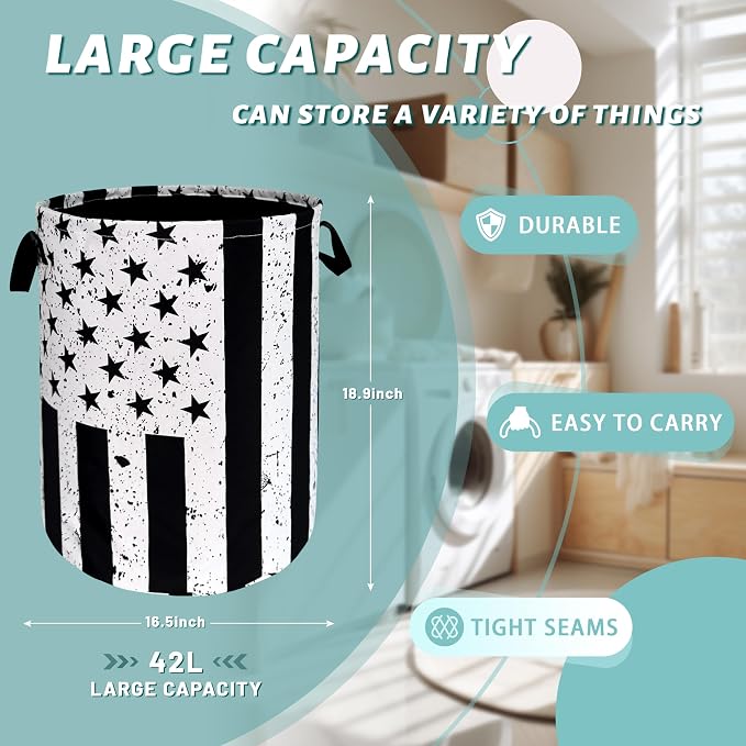 Retro Black and White American Flag Laundry Hamper USA Flag Laundry Basket - Image 2