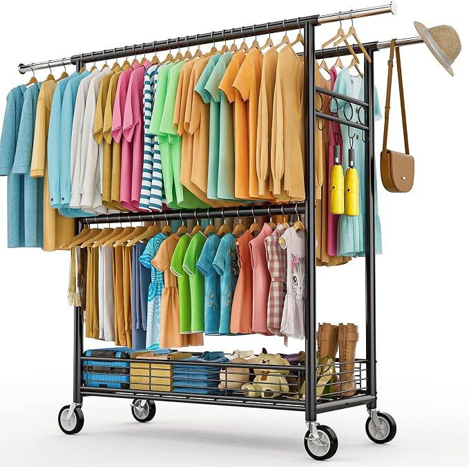 Heavy Duty Clothes Rack Load 960LBS, Three Rods Rolling Clothing Racks by Unknown