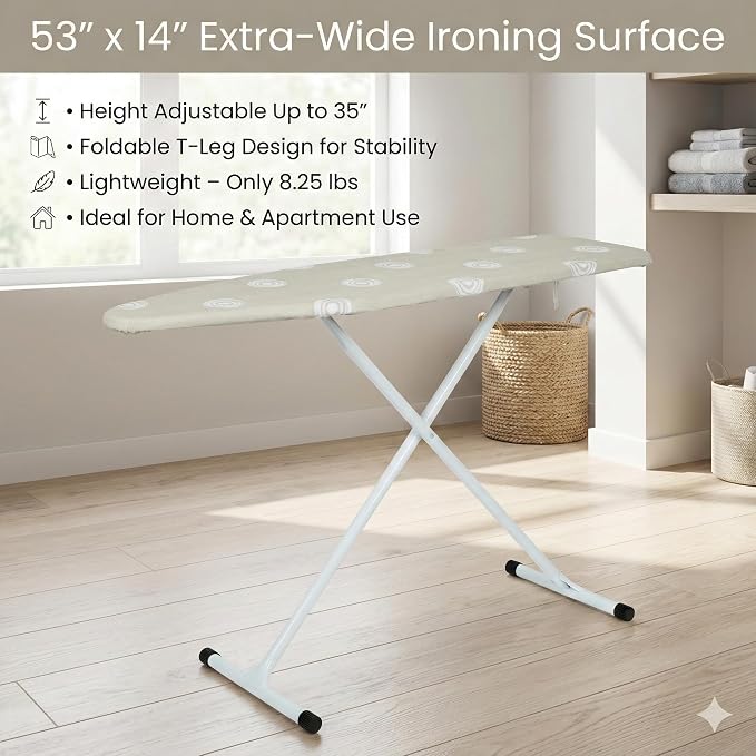 Beige T-Leg Ironing Board with Cotton Cover, Height Adjustable, Home Use - Image 4