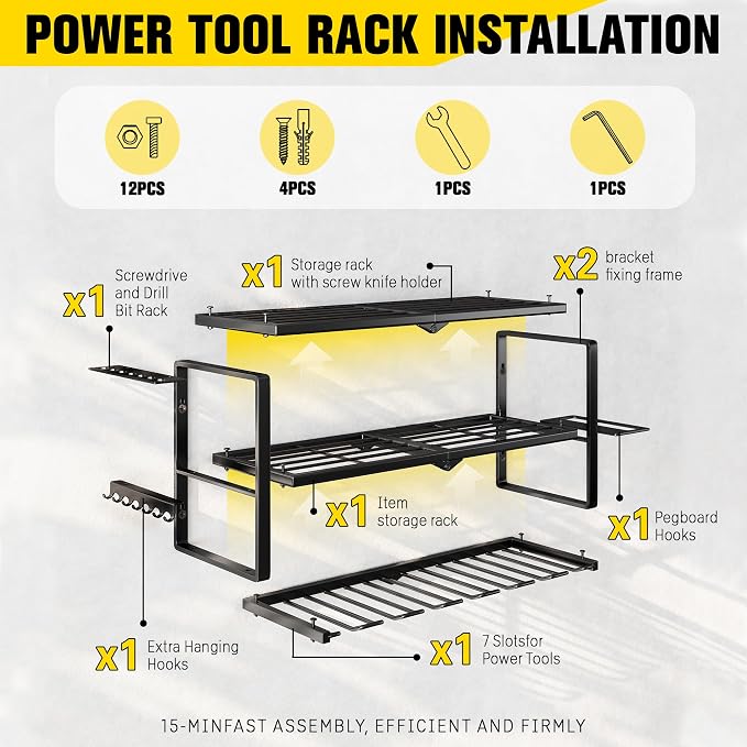 Heavy Duty Power Tool Organizer Wall Mount - 300lb Capacity 3-Tier Storage Rack - Image 2